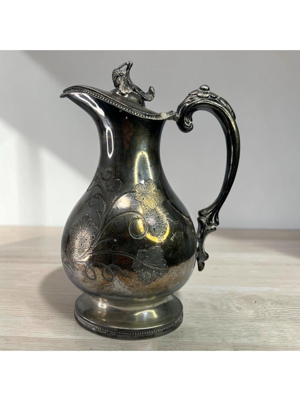 Vintage Floral Syrup Pitcher With Hinged Lid Detailed Handle & Spout